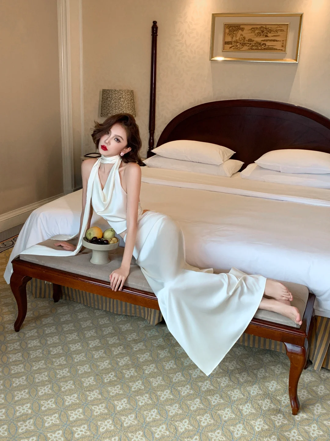 Two Piece Mermaid Halter Satin Open Back Long Prom Dress Vacation Dress SH4317