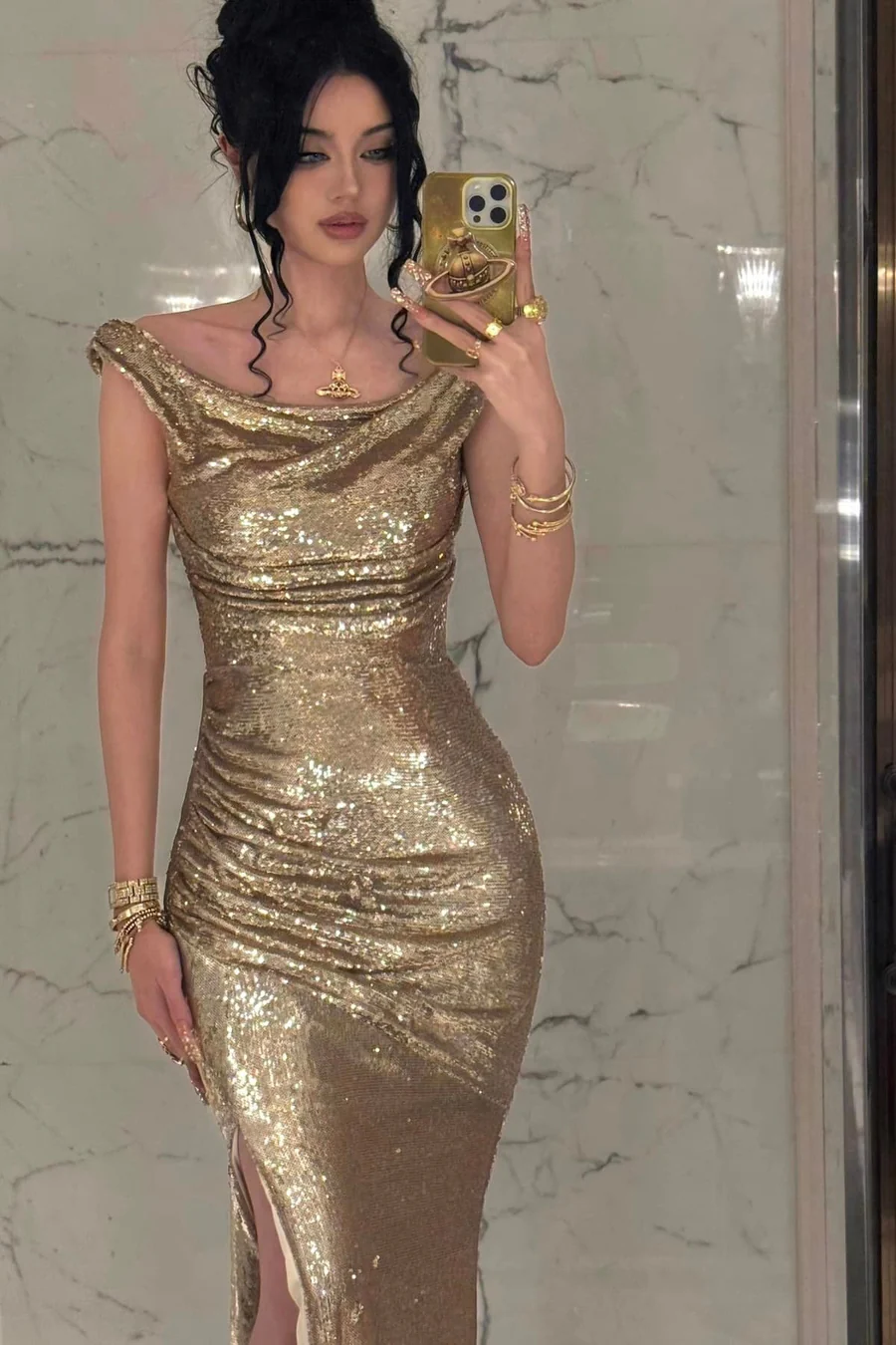 Shiny Mermaid Gold Sequin Long Prom Dress Cocktail Dress with Slit SH3212