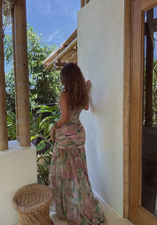 Green Mermaid Spaghetti Strap Print Floral Corset Tulle Prom Dress Party Dress SH4605