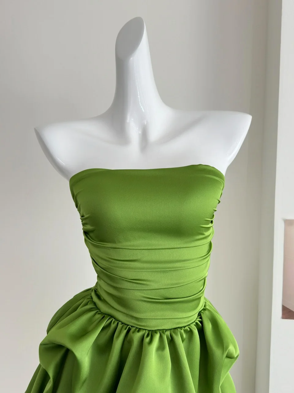 Simple A Line Strapless Pleated Green Satin Short Homecoming Dress Cocktail Dress SH3089