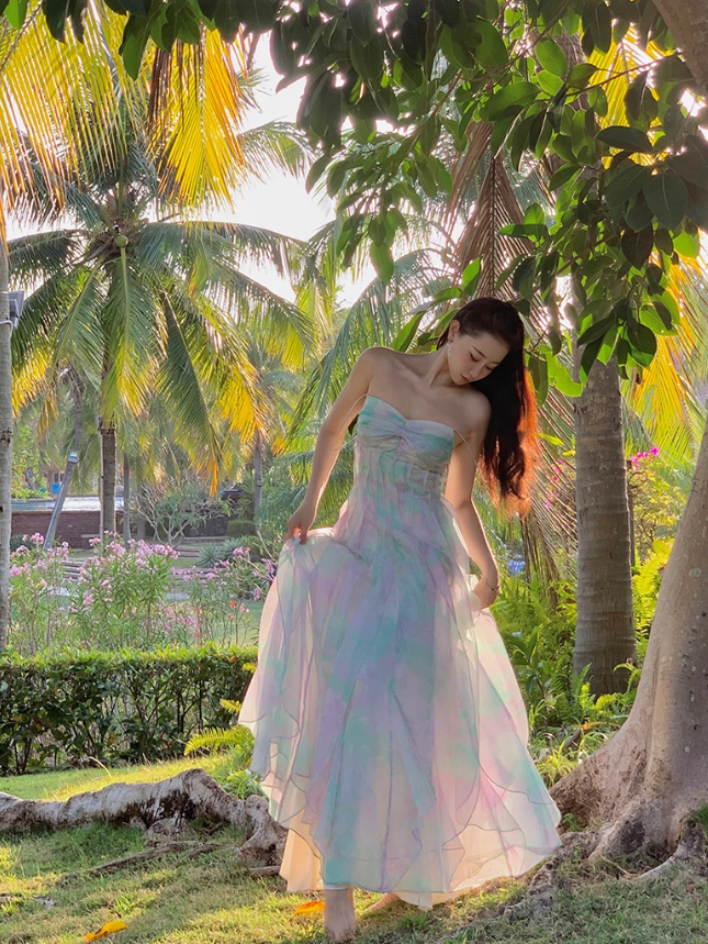 Dreamy Multi-color A Line Strapless Ruffle Chiffon Long Prom Dress Party Dress SH4038