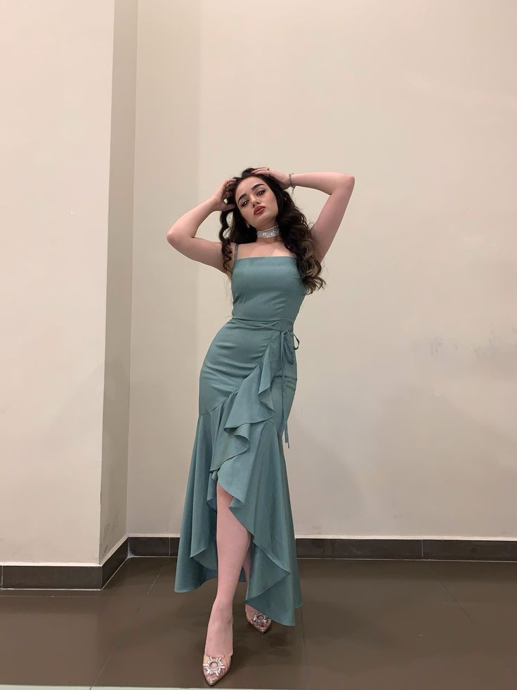 Lake Blue Mermaid Strapless Ruffle Satin Slit Long Prom Dress Evening Dress SH6955