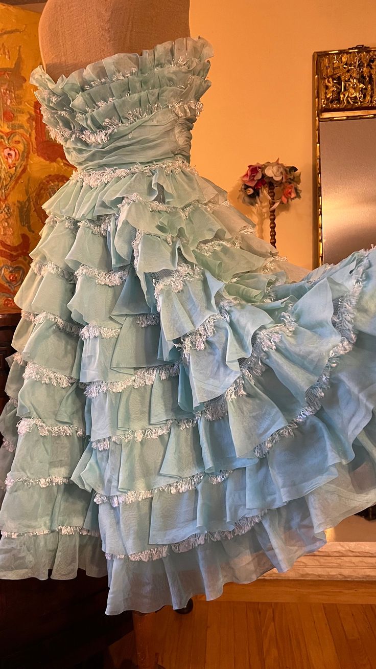 1940s Teal Vintage A Line Strapless Layered Organza Gown Homecoming Dress SH3661