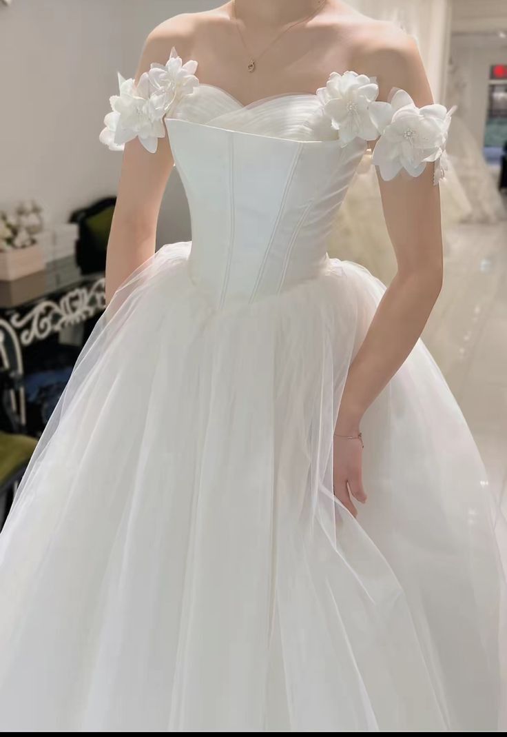 3D Floral A Line Off the Shoulder Tulle Long Prom Dress Wedding Dress SH8751