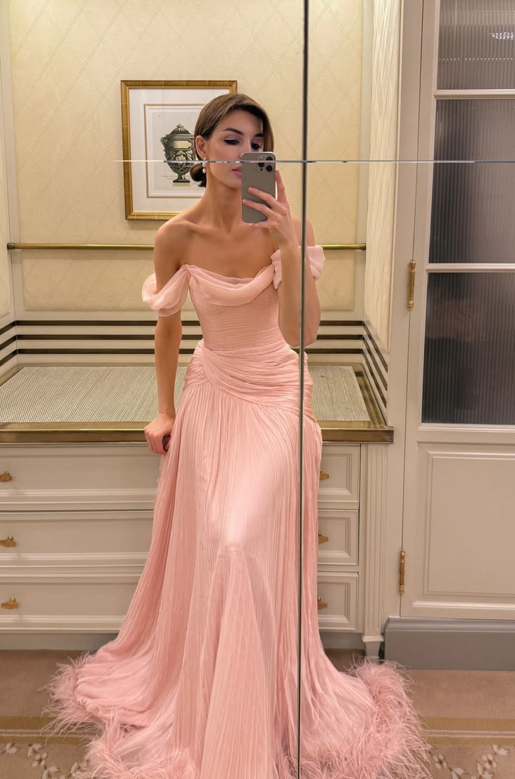 Elegant A Line Off the Shoulder Light Pink Feather Chiffon Long Weddin – shinydress