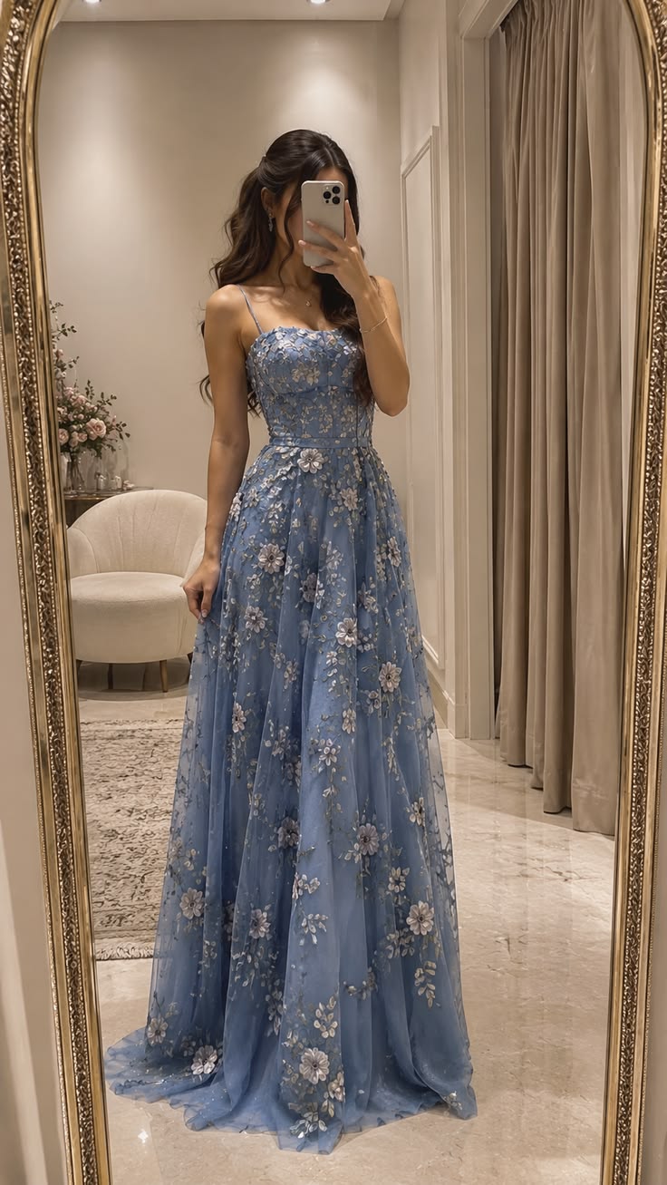 Fairy Blue A Line Spaghetti Straps Exquisite Floral Tulle Long Prom Dress Date Dress SH7009