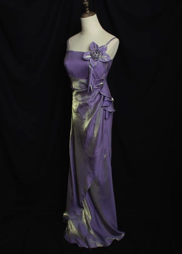 Retro Sheath Spaghetti Straps Flower Purple Satin Long Prom Dress Evening Dress SH3095