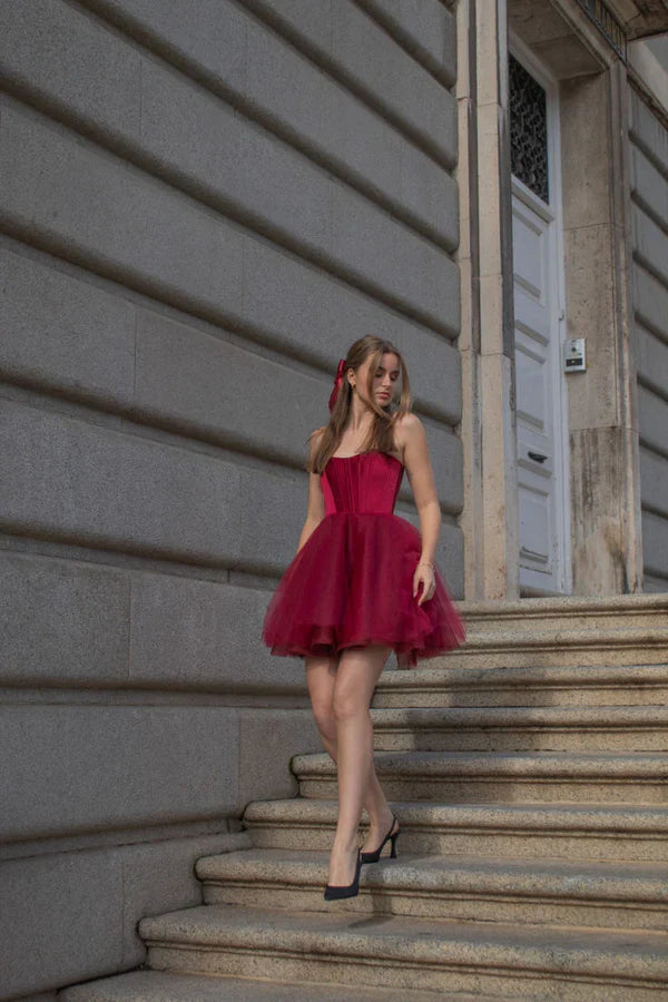 Burgundy A Line Strapless Satin Tulle Mini Homecoming Dress Cocktail Dress SH3724