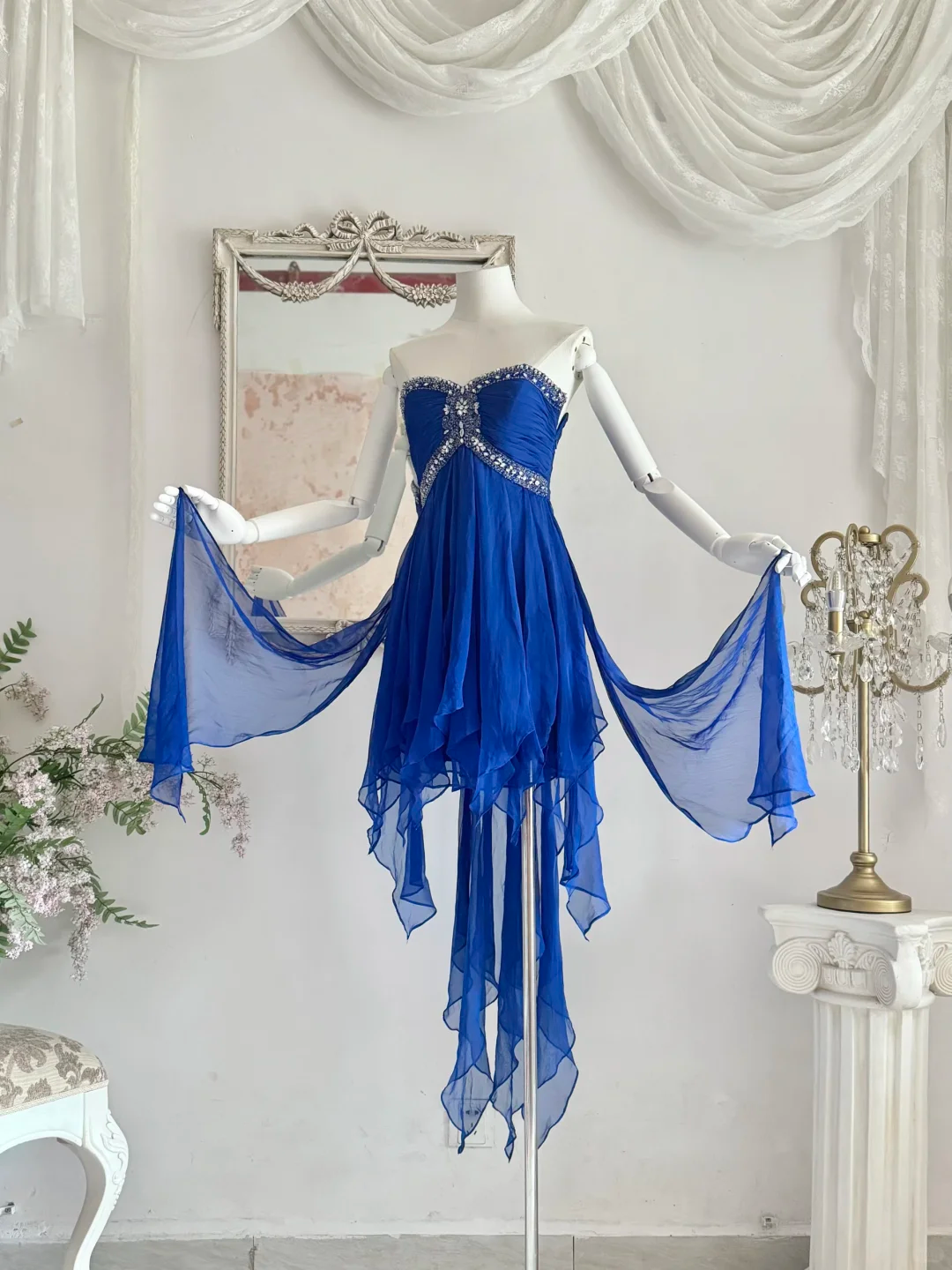 Vintage Blue A Line Sweetheart Neck Rhinestone Ruffle Chiffon Homecoming Dress Outfits SH4554