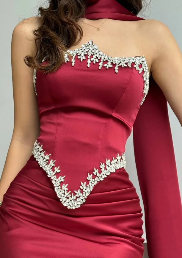 Red Sheath Strapless Exquisite Beaded Satin Prom Dress Evening Dress SH5415