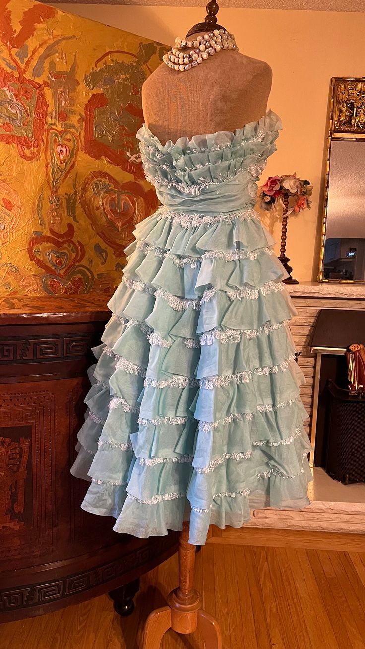 1940s Teal Vintage A Line Strapless Layered Organza Gown Homecoming Dress SH3661