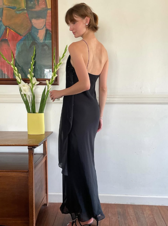 Sexy Sheath Spaghetti Strap Beaded Black Chiffon Long Prom Dress Prom Dress SH2650