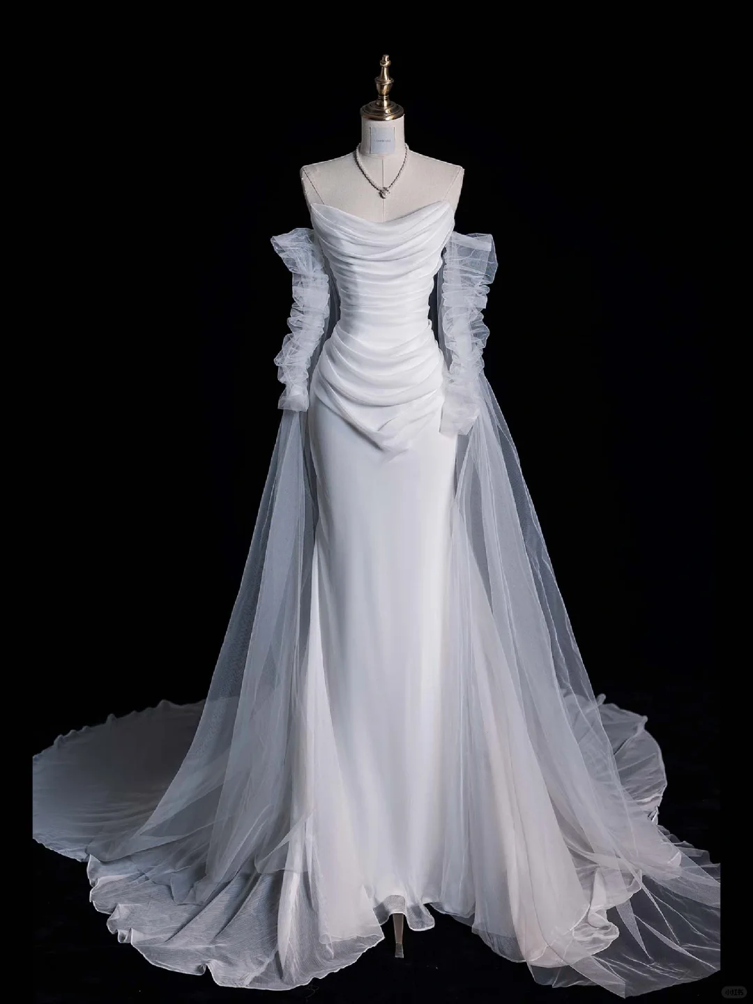Simple A Line Long Sleeve Pleated Tulle Satin Wedding Dress Prom Dress SH4111
