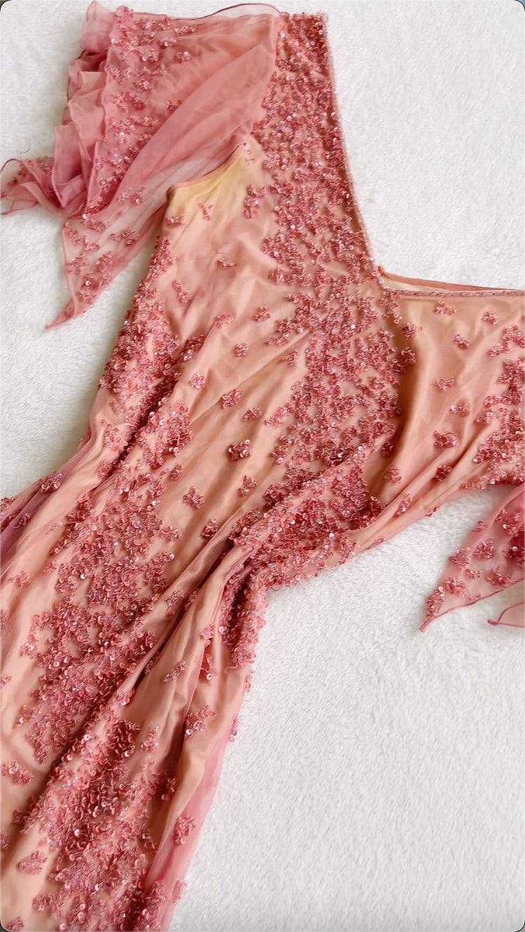 Elegant A Line V Neck Beaded Ruffle Chiffon Prom Dress Evening Dress SH2247