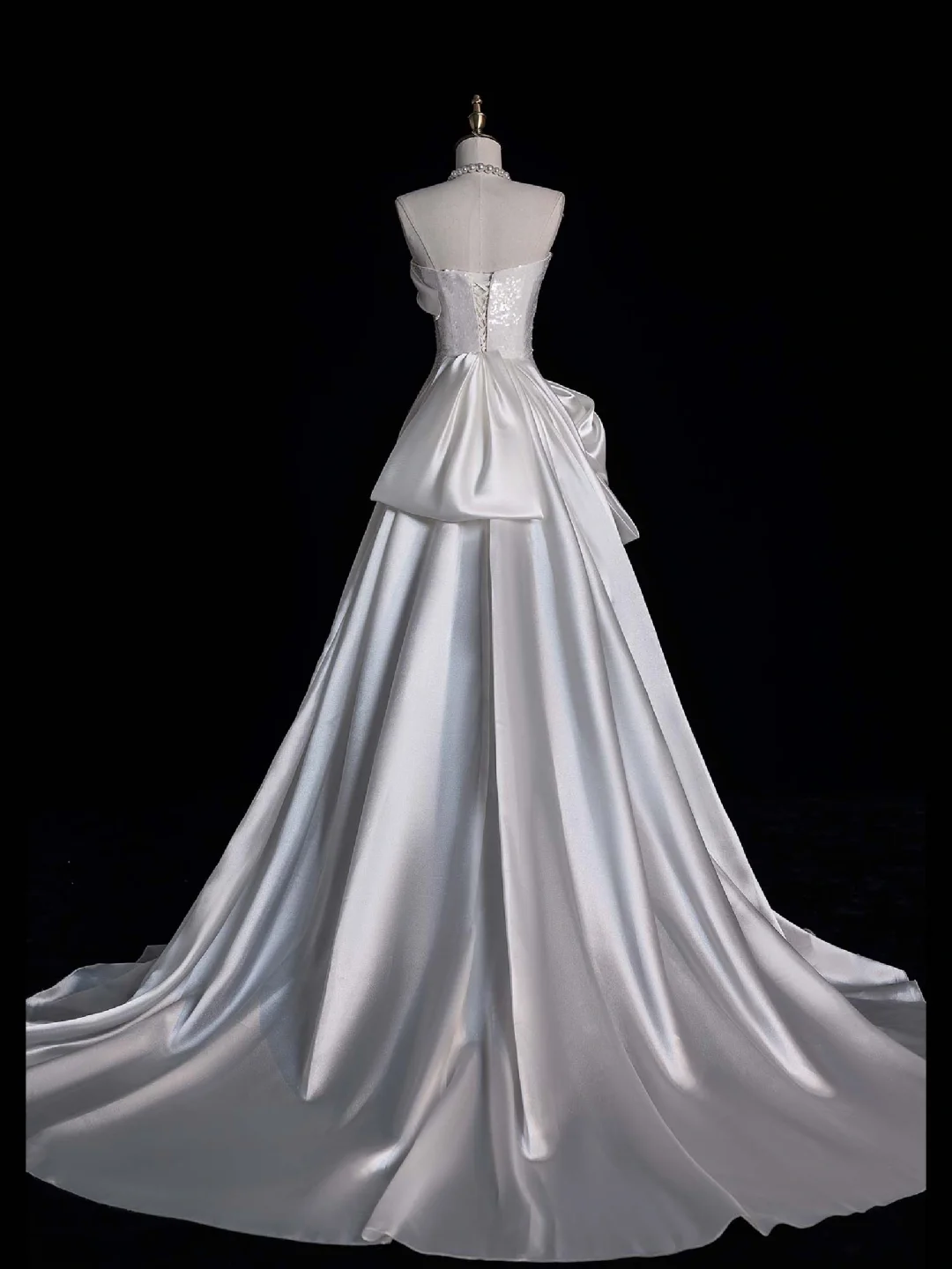 Cute Sheath Strapless Bow White Sequin Satin Long Sweep Prom Dress Graduation Prom Dress SH2566
