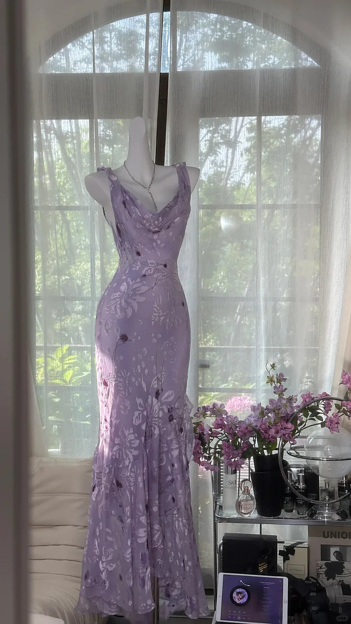 Gentle Retro Mermaid Straps Print Floral Purple Satin Prom Dress Formal Dress SH4021
