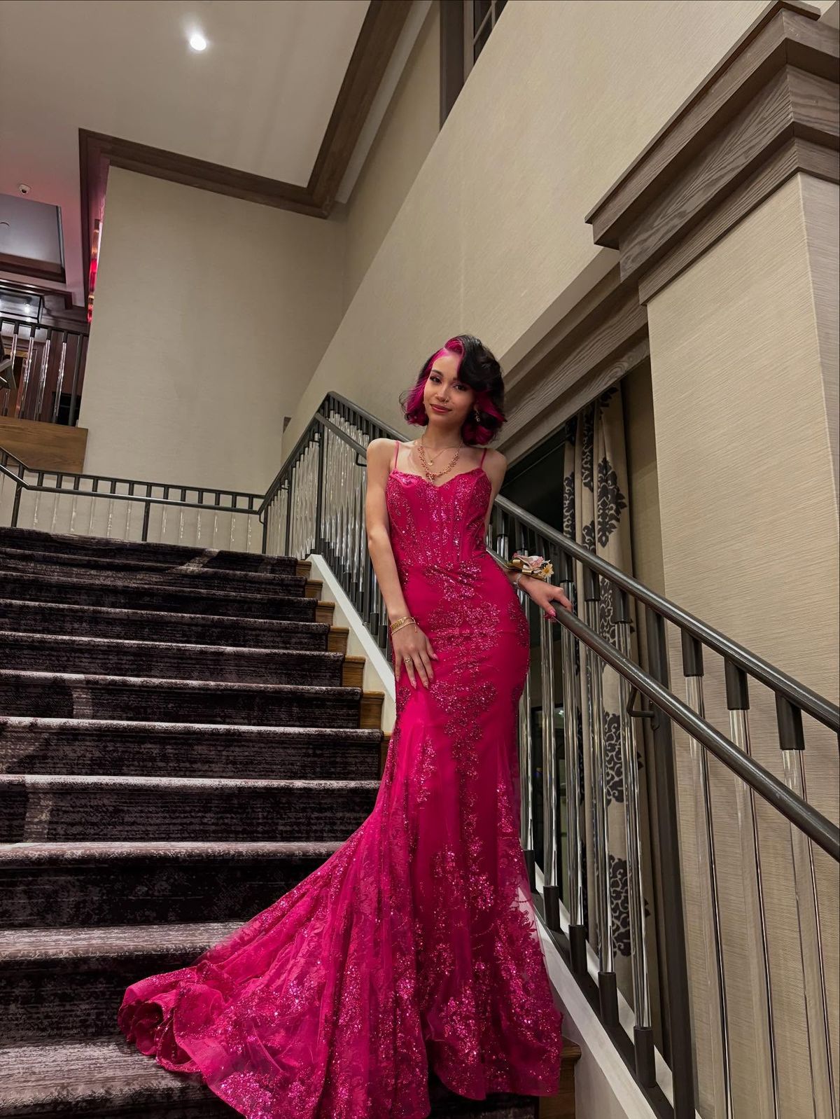 Hot Pink Mermaid Sequin Tulle Prom Dress 16th Birthday Dress Wedding Guest Dress SH4282