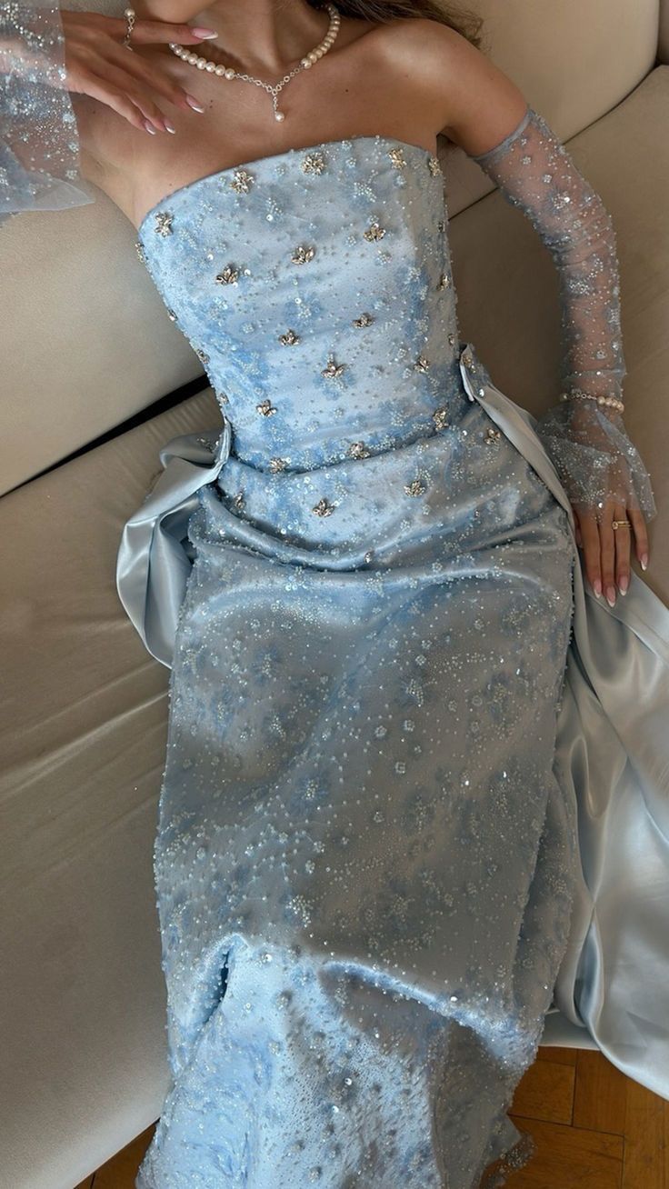 Baby Blue Sheath Strapless Shiny Beaded Satin Long Prom Dress Evening Dress SH8863
