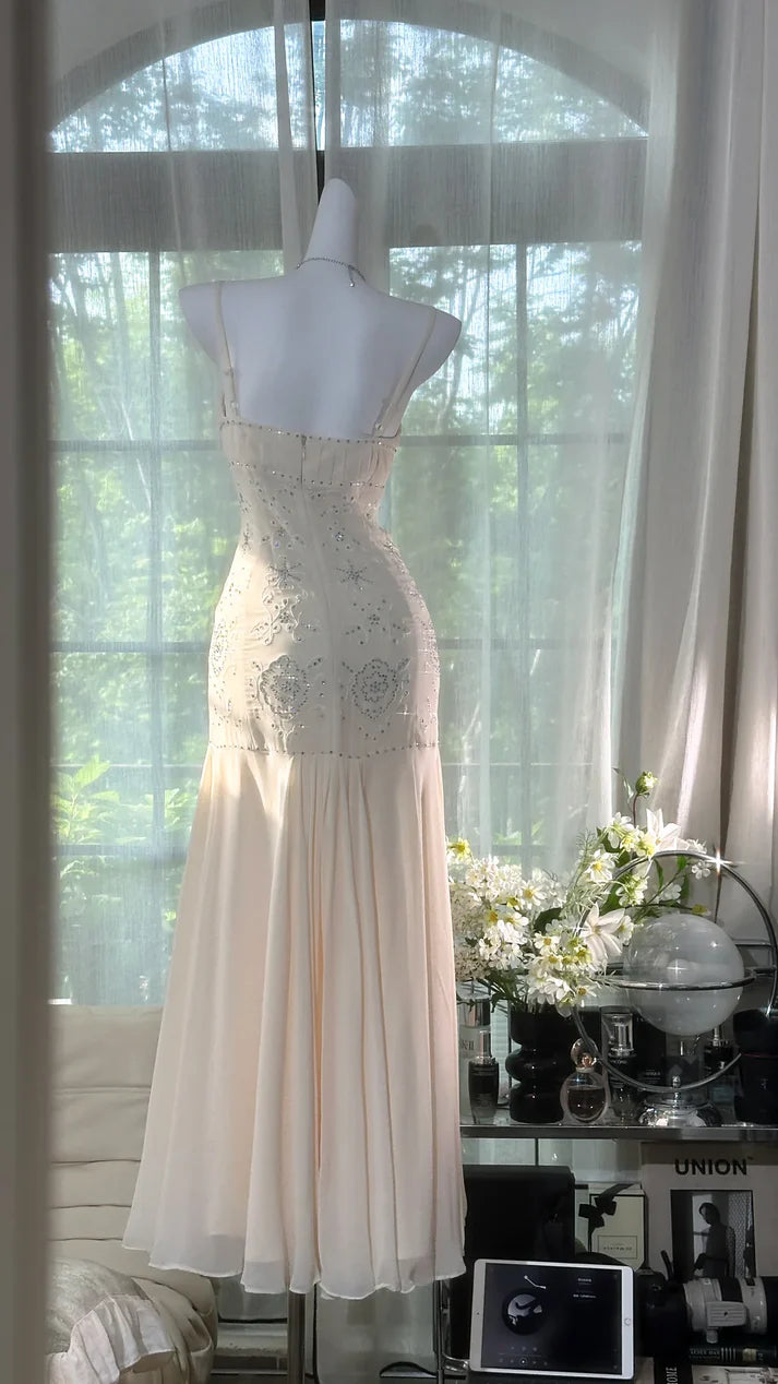 Ivory Mermaid Spaghetti Straps Rhinestone Chiffon Prom Dress Formal Dress Party Dress SH4023