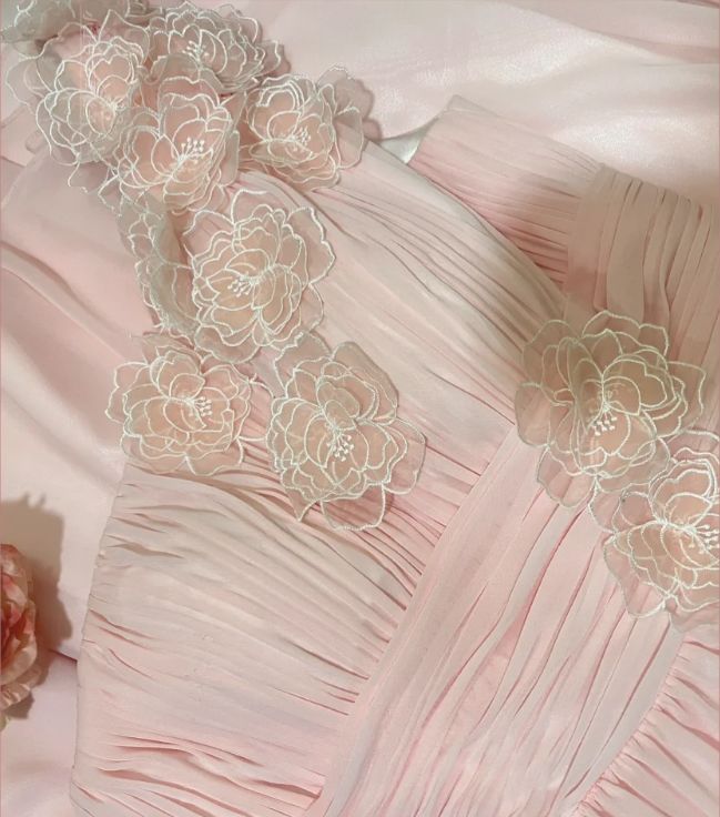 Elegant Pink Off the Shoulder 3D Flower Pleated Chiffon Long Prom Dress SH3932