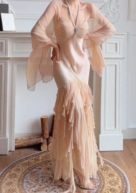 Apricot Vintage Mermaid Halter Beaded Layered Chiffon Satin Party Dress Prom Dress SH4117