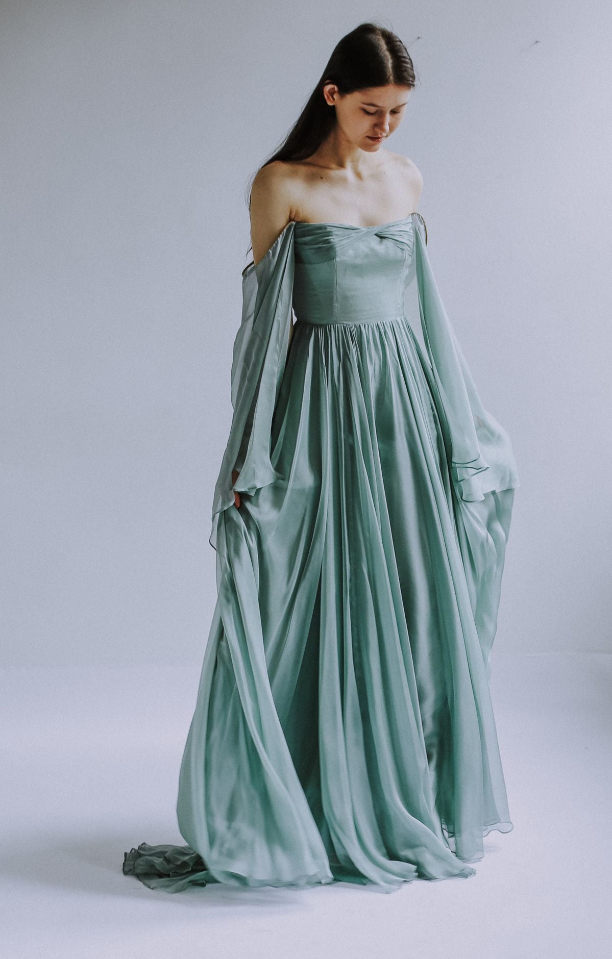Muted Green A Line Long Sleeve Chiffon Prom Dress Party Dress SH4297