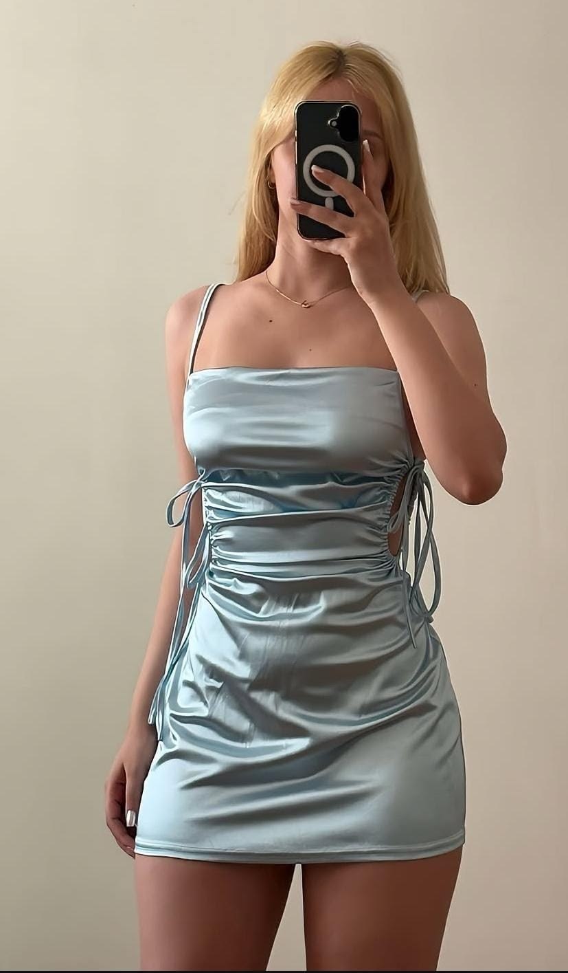 Sexy Backless Blue Sheath Spaghetti Straps Satin Short Prom Dress Homecoming Dress SH8361