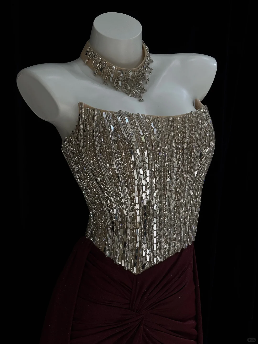 Gentle A Line Strapless Rhinestone Dark Burgundy Satin Long Prom Dress Evening Dress SH5009