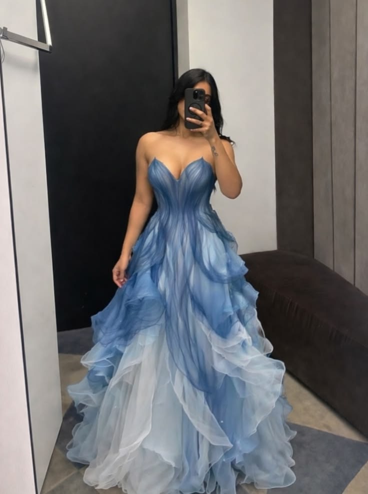 Unique Blue Ombre A Line Sweetheart Neck Layered Tulle Long Prom Dress Evening Dress SH7027