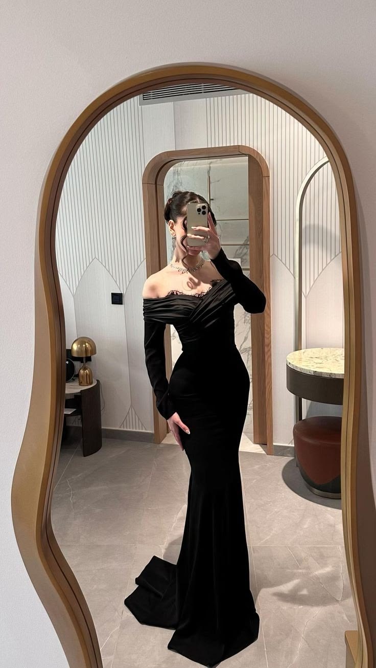 Elegant Black Mermaid Long Sleeve Satin Long Prom Dress SH8762