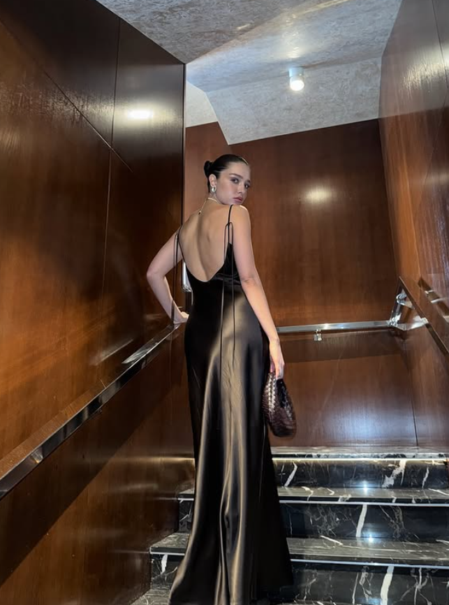 Simple Black A Line Spaghetti Strap Satin Open Back Prom Dress Wedding Guest Dress SH4449