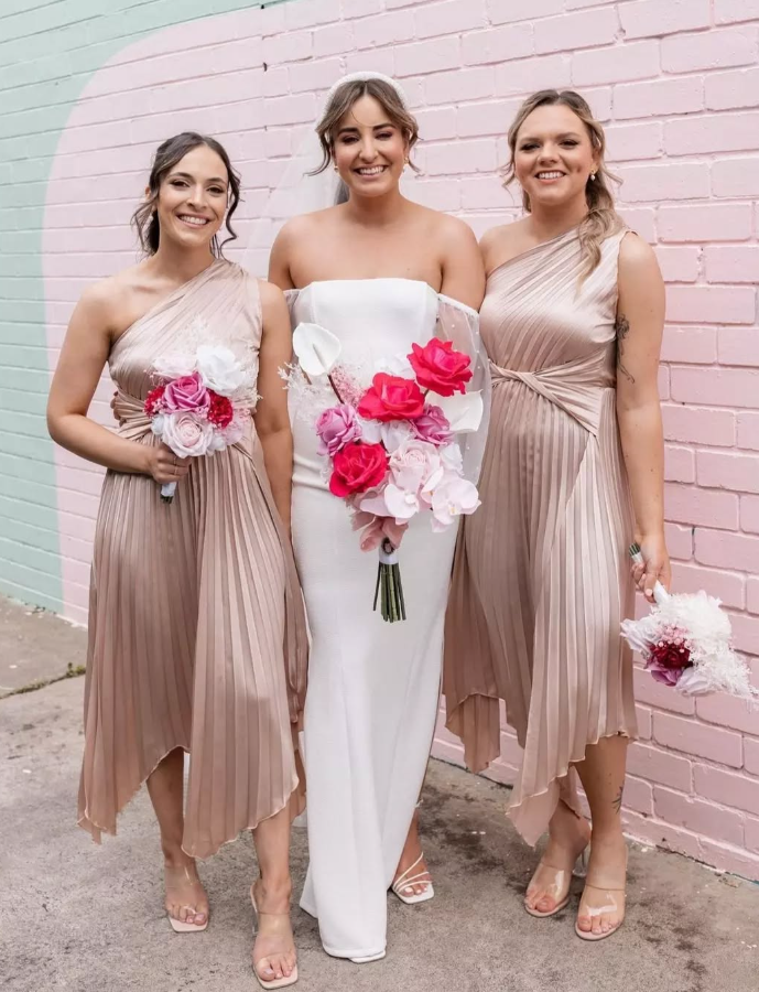 Elegant A Line One Shoulder Pleated Apricot Satin Bridesmaid Dress Evening Dress SH3058