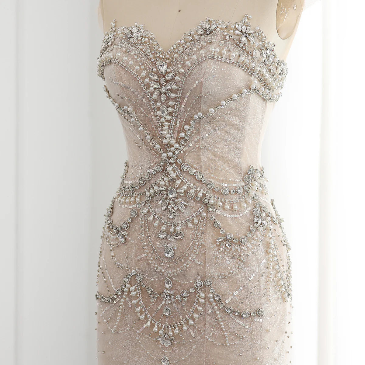 Luxury Mermaid Crystal Pearls Nude Tulle Long Prom Dress SH1605