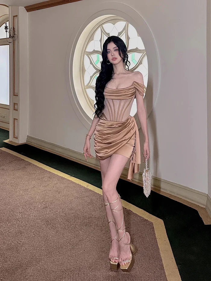 Sexy Sheath Off the Shoulder Corset Brown Satin Homecoming Dress Cocktail Dress SH3188