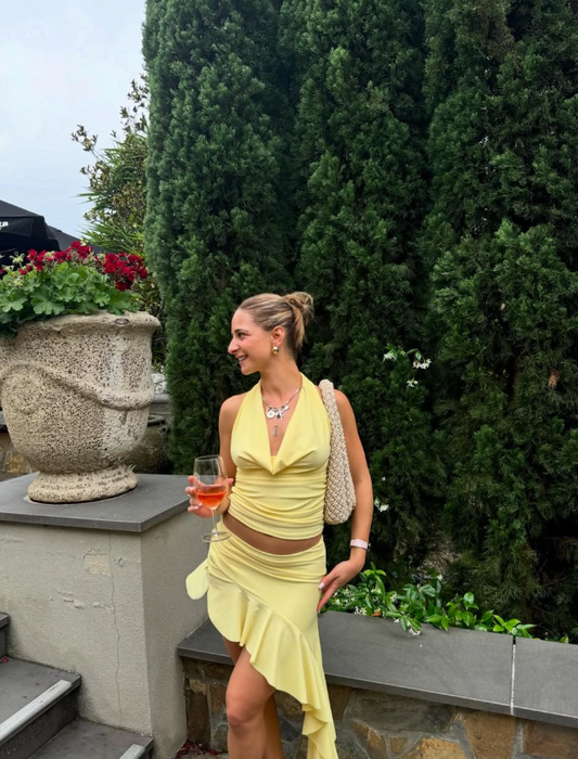 Yellow Two Piece A Line Halter Satin Open Back Short Homecoming Dress Cocktail Dress SH3385