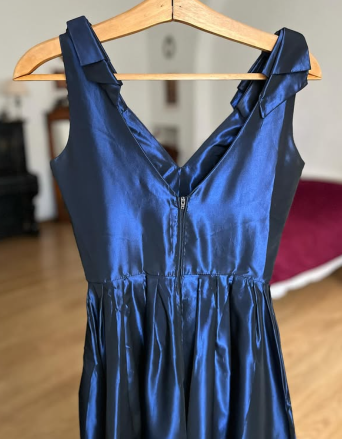 Vintage Navy Blue A Line V Neck Satin Prom Dress Evening Dress Date Dress SH5640
