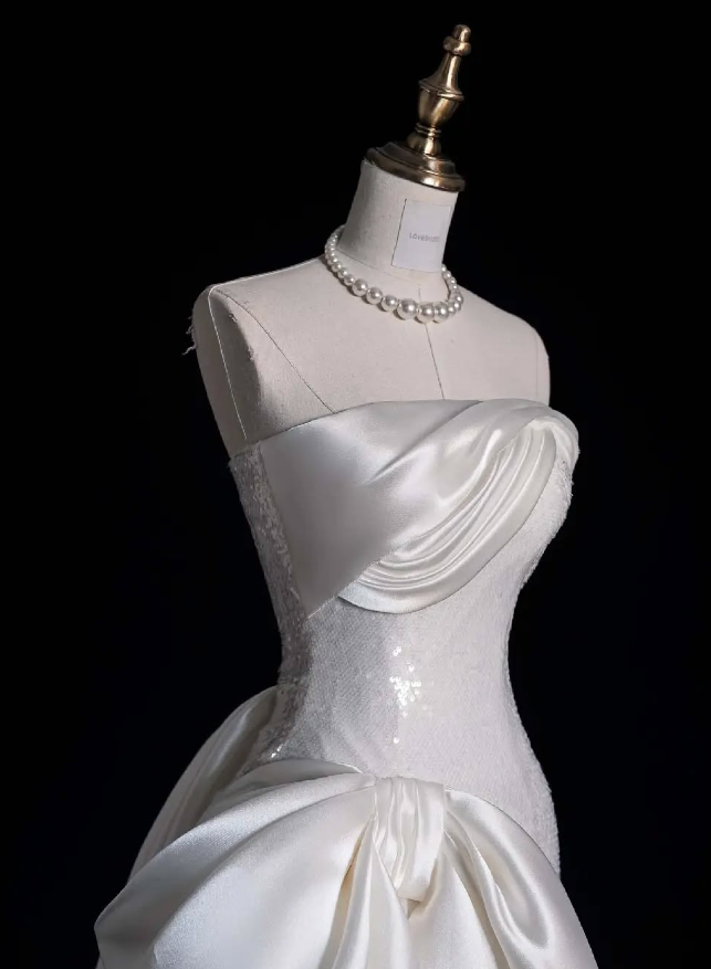 Cute Sheath Strapless Bow White Sequin Satin Long Sweep Prom Dress Graduation Prom Dress SH2566