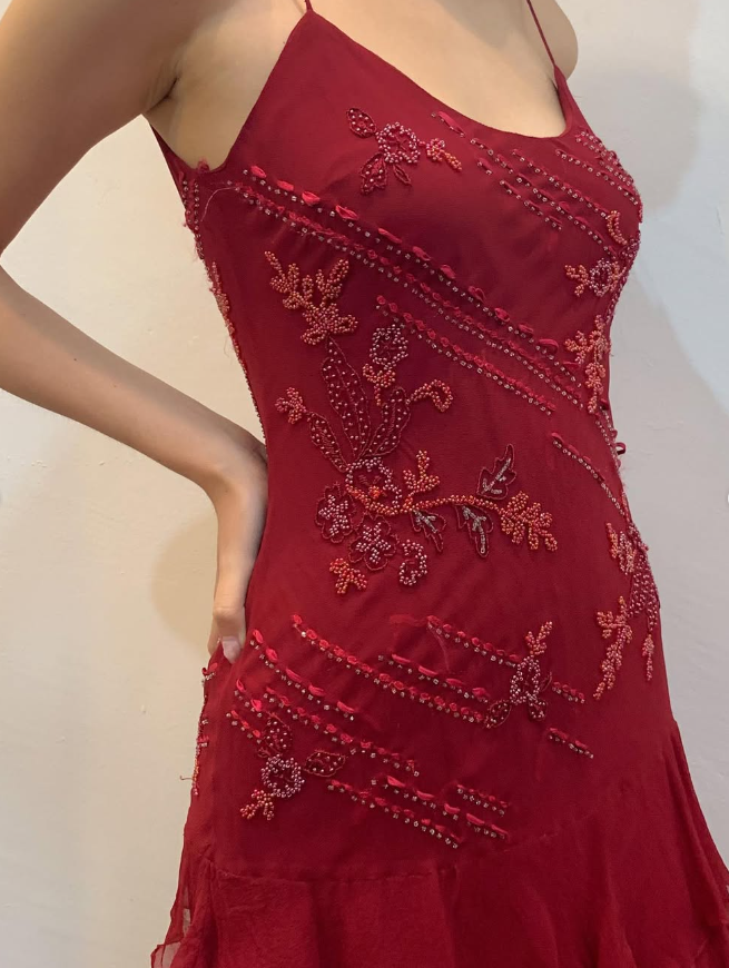 Burgundy Vintage A Line Spaghetti Strap Tiered Beaded Chiffon Evening Dress SH2082