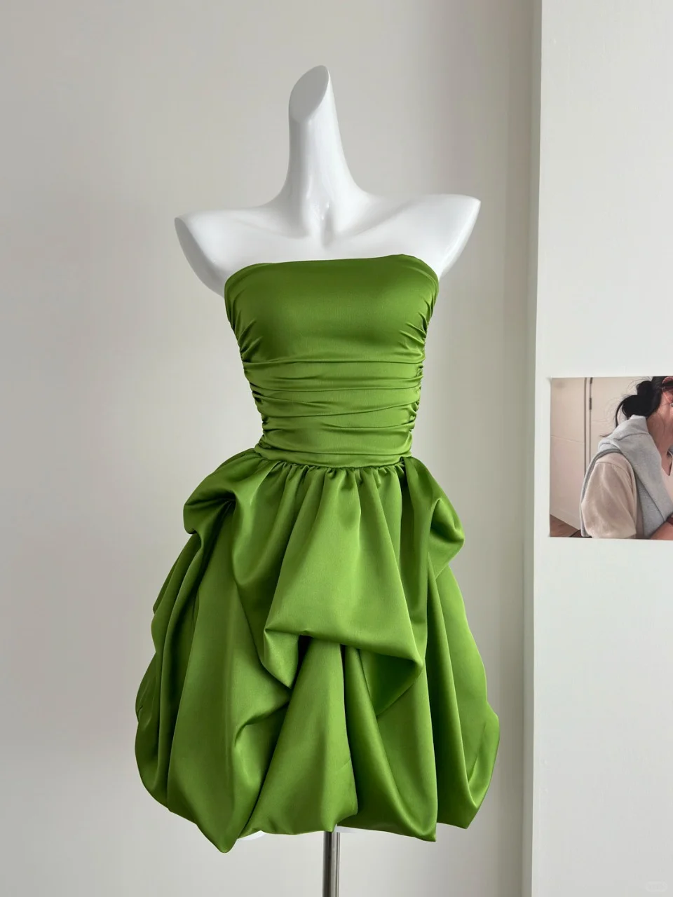 Simple A Line Strapless Pleated Green Satin Short Homecoming Dress Cocktail Dress SH3089