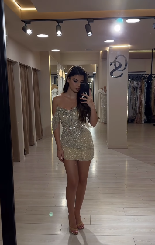 Shiny Sexy Sheath Off the Shoulder Sequin Rhinestone Tulle Short Homecoming Dress SH4792