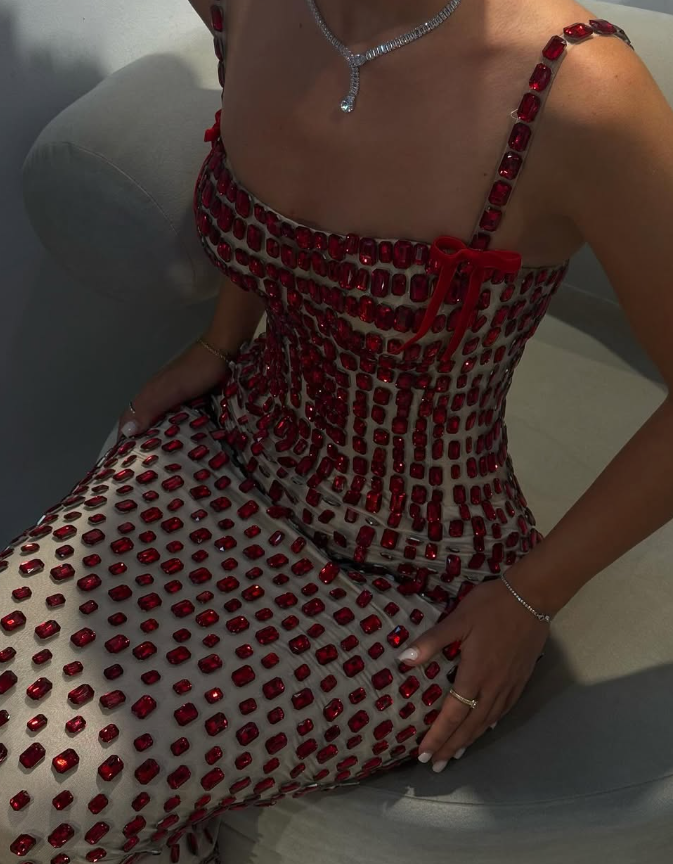 Red Sheath Spaghetti Straps Exquisite Rhinestone Tulle Long Prom Dress Evening Dress SH4627