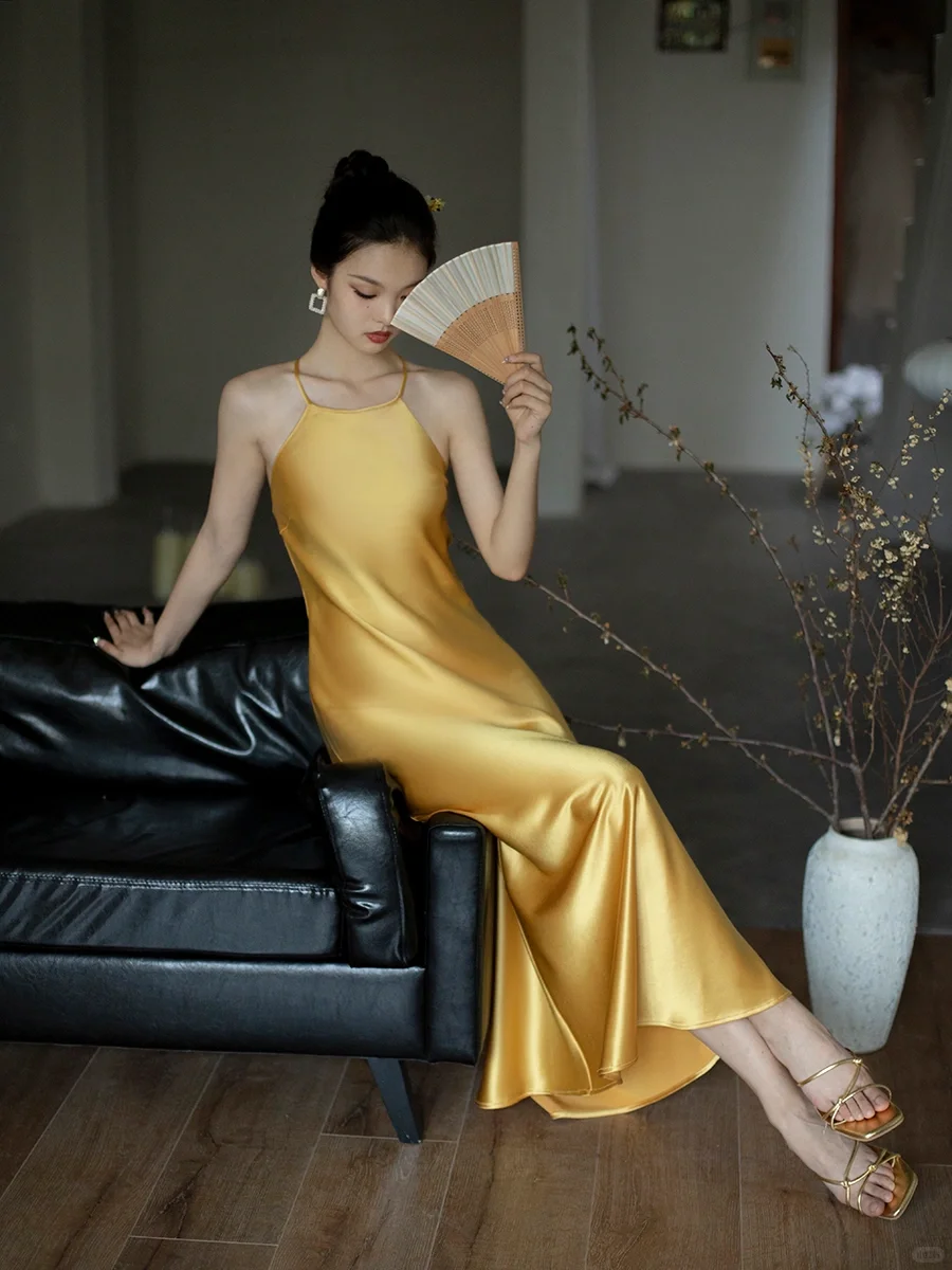 Simple Yellow A Line Spaghetti Strap Satin Open Back Prom Dress Evening Dress SH4210