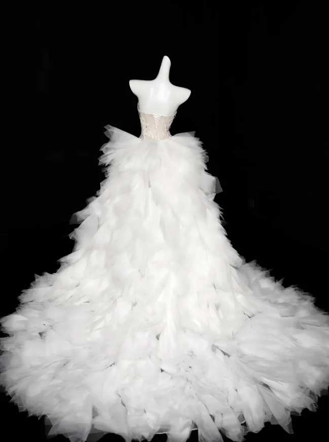 Charming Mermaid Strapless Rhinestone White Tulle Long Prom Dress SH3244