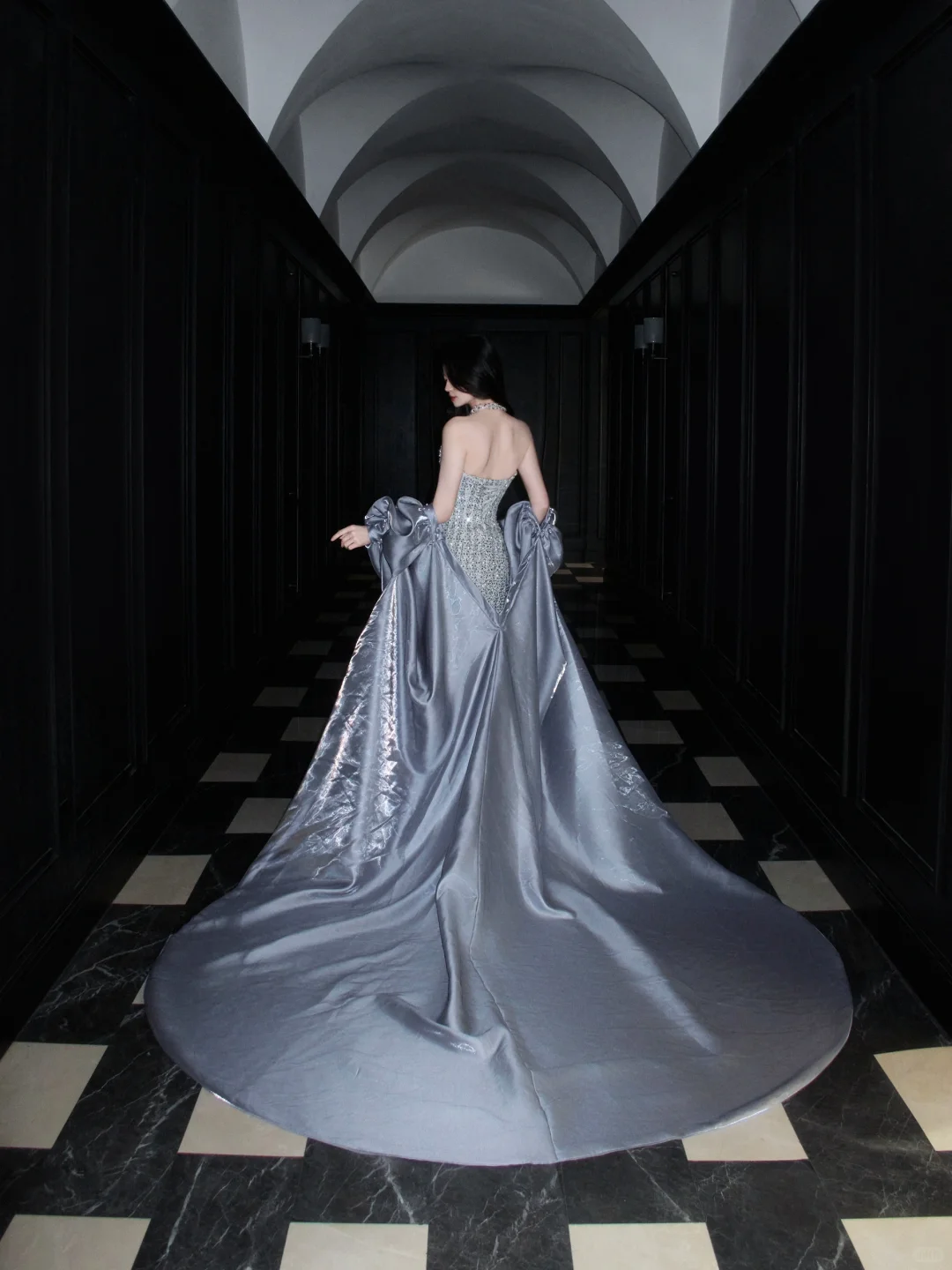 Shiny A Line Strapless Sequin Grey Tulle Satin Long Prom Dress Party Dress SH4195