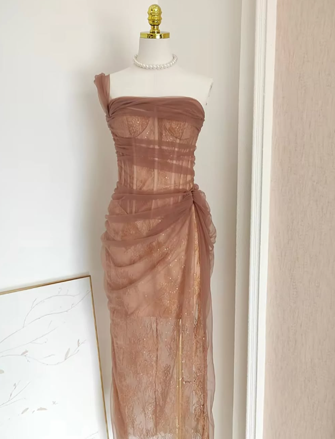 Brown Sheath One Shoulder Corset Lace Prom Dress Evening Dress Formal Gown SH3925