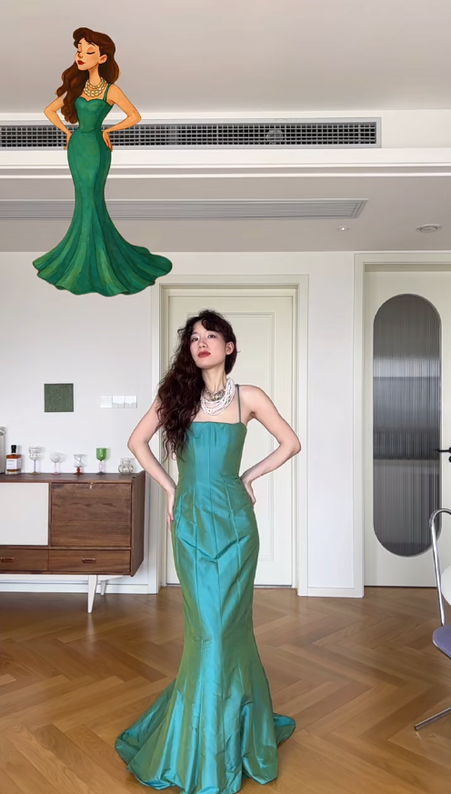 Vintage Green Mermaid Spaghetti Strap Satin Prom Dress Wedding Guest Dress SH4548