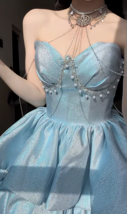 Dreamy Blue Ball Gown Sweetheart Neck Layered Sequin Prom Dress SH4571