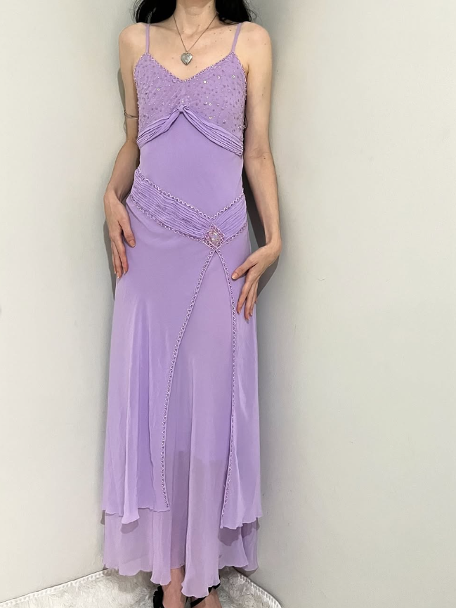 Elegant Purple A Line Spaghetti Strap Beaded Sequin Chiffon Prom Dress Evening Dress SH2529