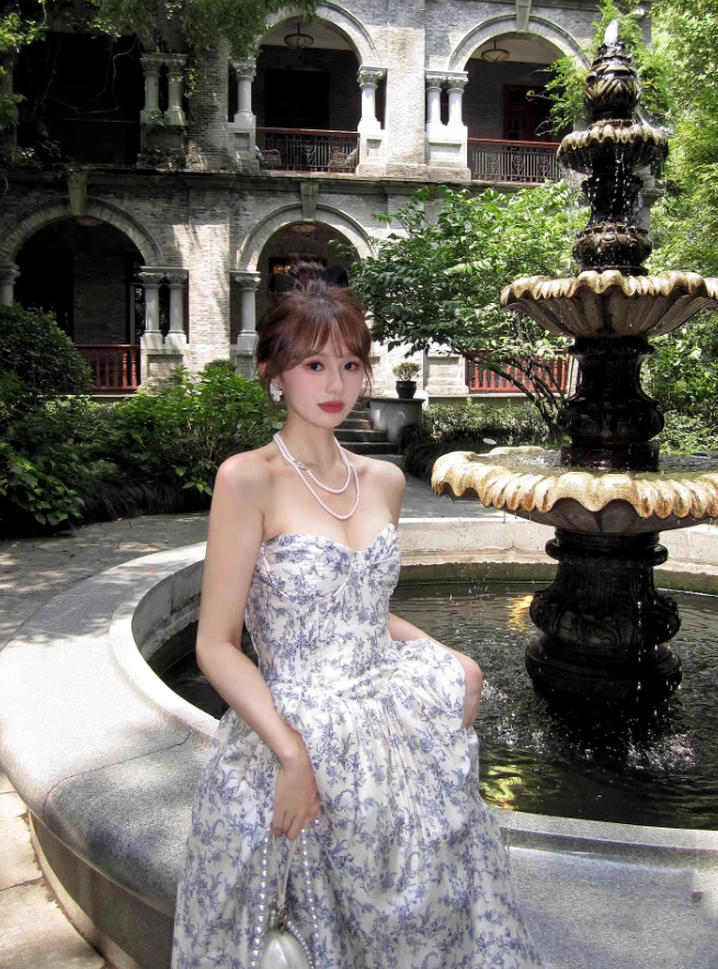 Blue A Line Sweetheart Neck Print Floral Satin Prom Dress 16th Birthday Dress SH3984