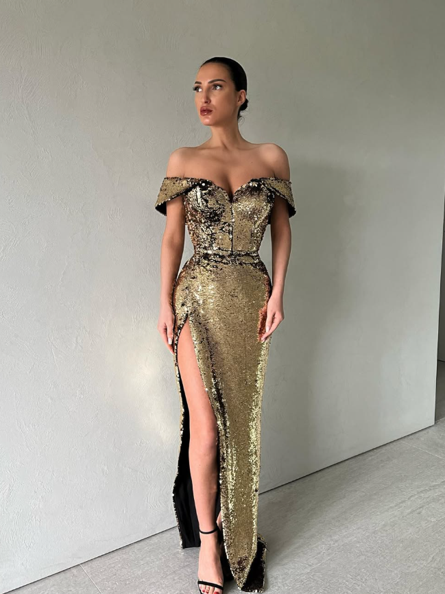 Sexy Shiny Sheath Off the Shoulder Gold-black Sequin Slit Prom Dress Date Dress SH5569